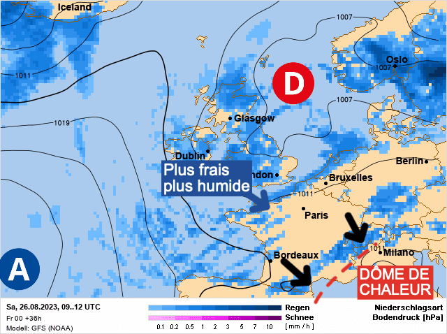 Carte de prévisions d'europe du Samedi 26 août 2023