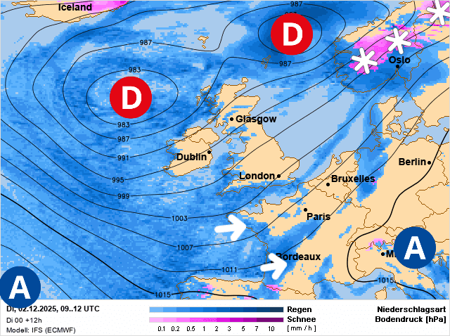 Carte de prévisions d'europe du Mardi 2 décembre 2025