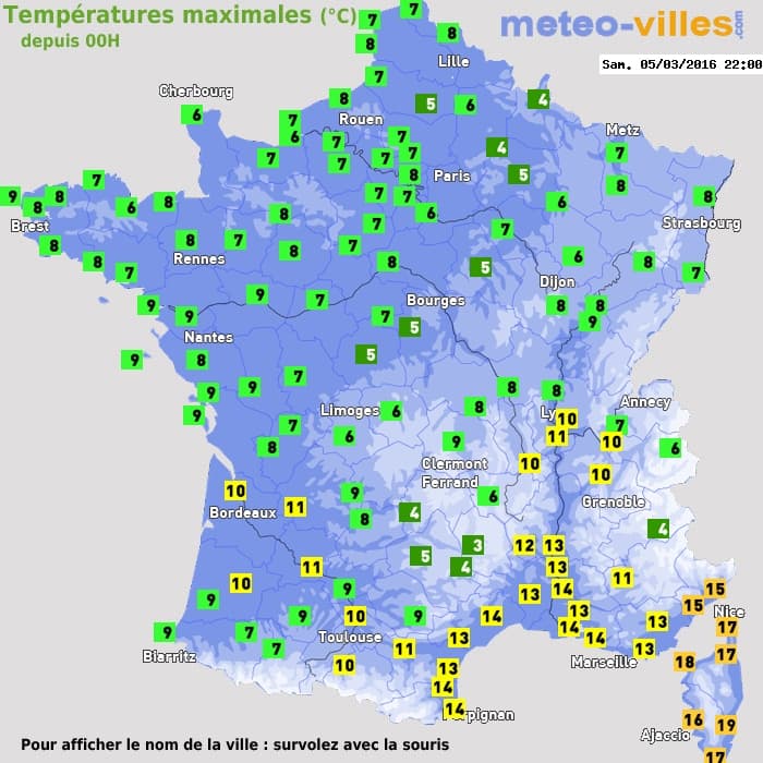 Températures maximales (°C) depuis 00h