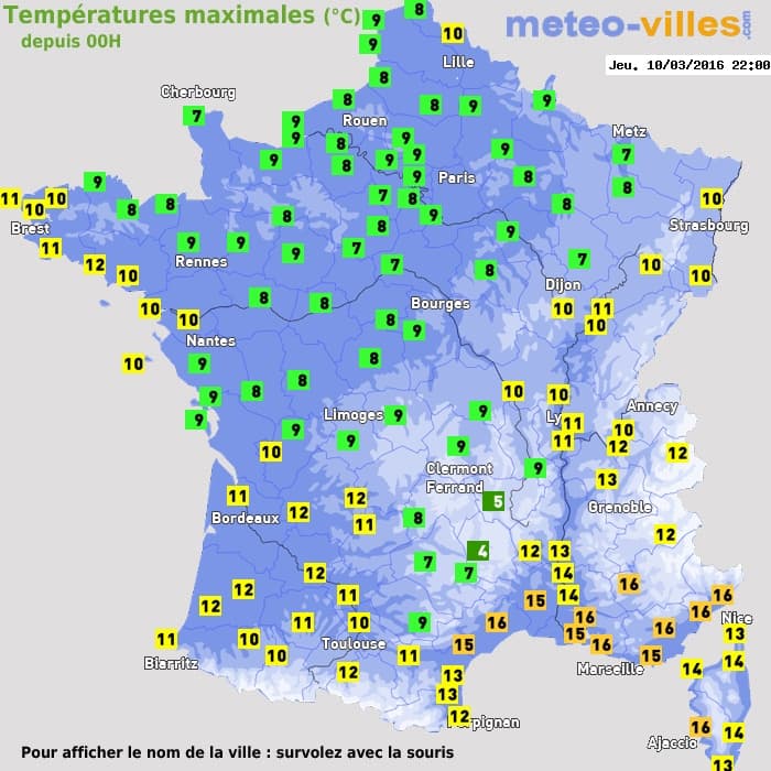 Températures maximales (°C) depuis 00h