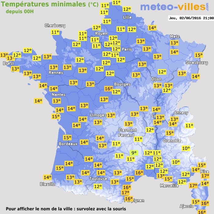 Températures minimales (°C) depuis 00h