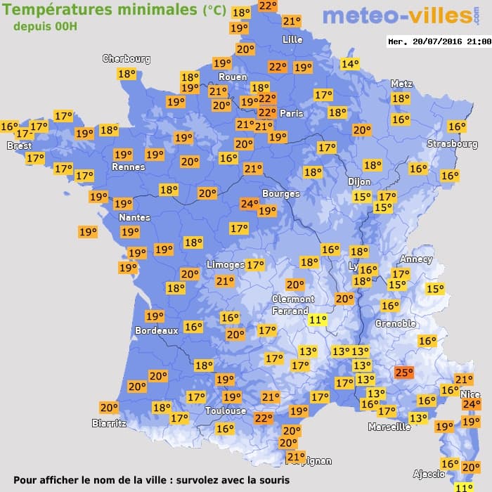Températures minimales (°C) depuis 00h