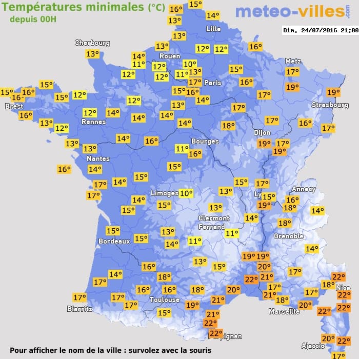 Températures minimales (°C) depuis 00h