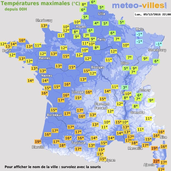 Températures maximales (°C) depuis 00h