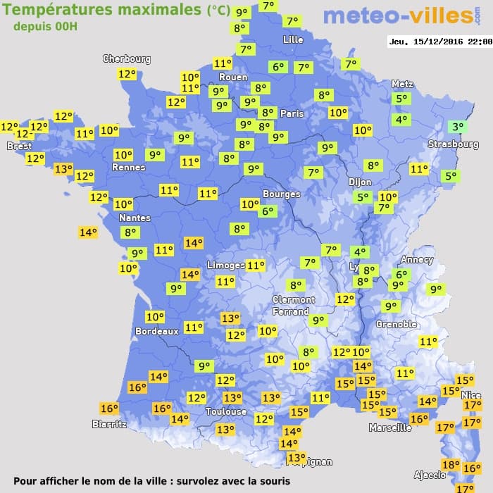 Températures maximales (°C) depuis 00h