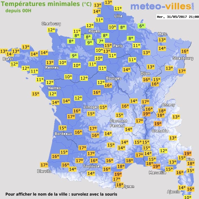 Températures minimales (°C) depuis 00h