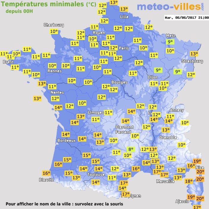 Températures minimales (°C) depuis 00h