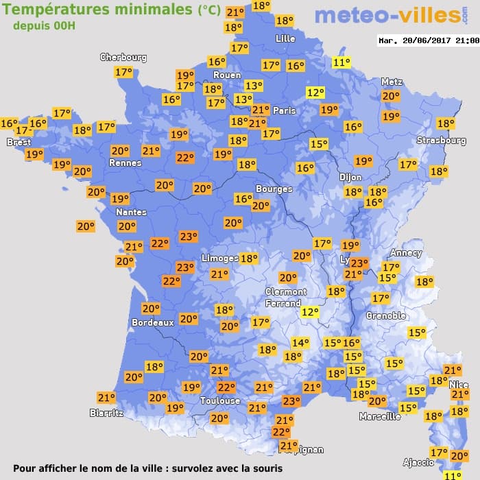 Températures minimales (°C) depuis 00h