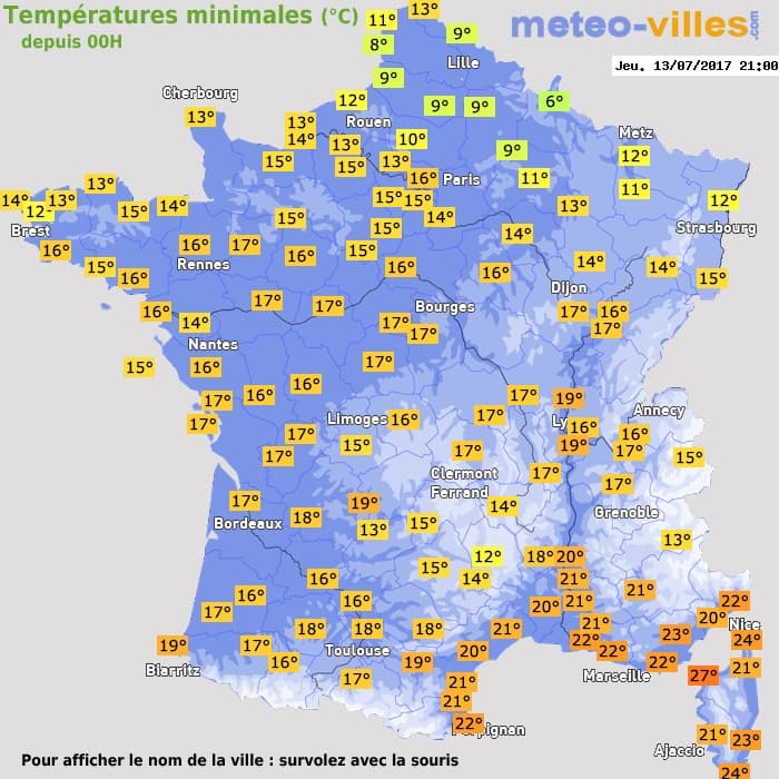 Températures minimales (°C) depuis 00h
