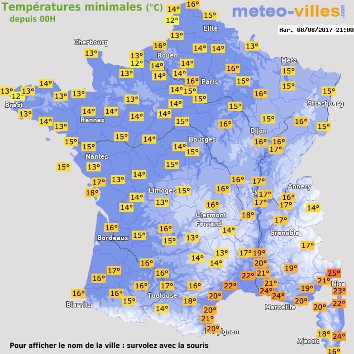 Températures minimales (°C) depuis 00h