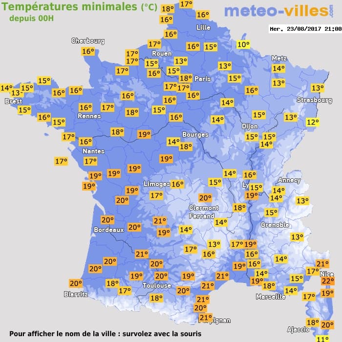 Températures minimales (°C) depuis 00h