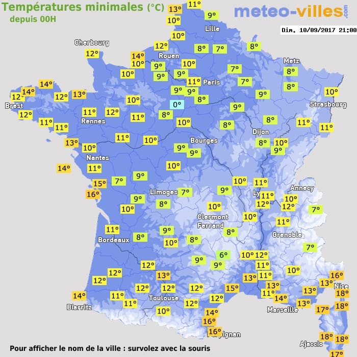 Températures minimales (°C) depuis 00h