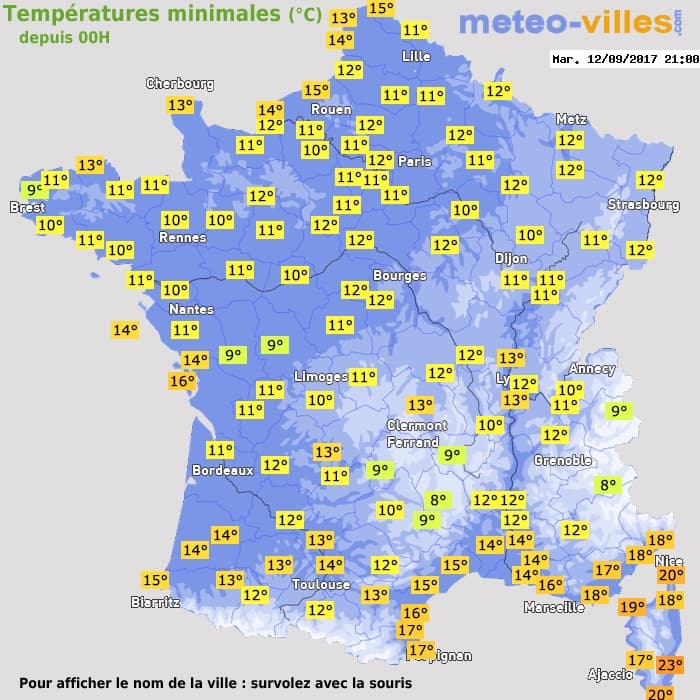 Températures minimales (°C) depuis 00h