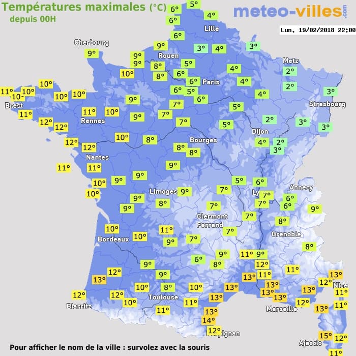 Températures maximales (°C) depuis 00h