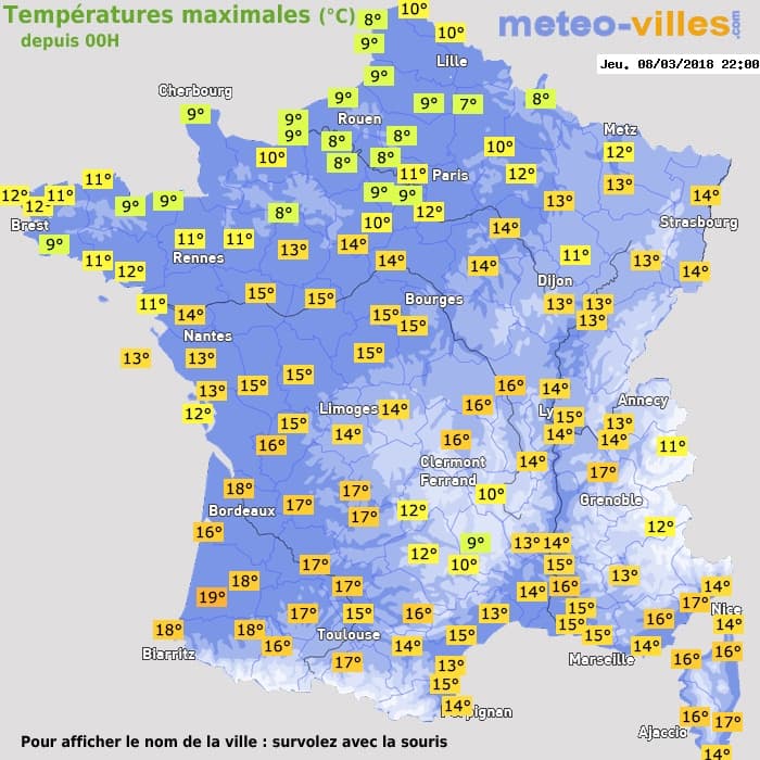 Températures maximales (°C) depuis 00h