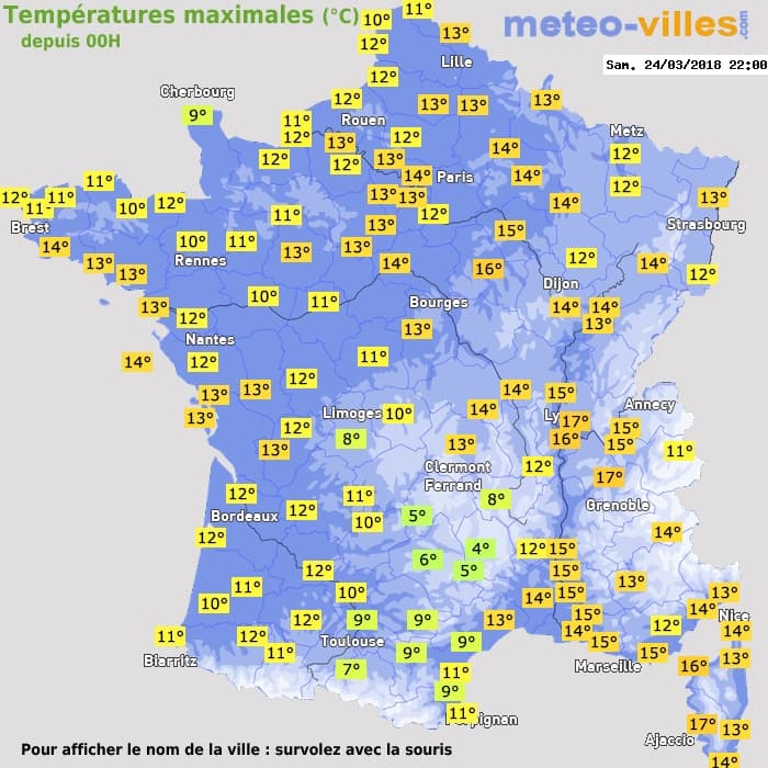 Températures maximales (°C) depuis 00h