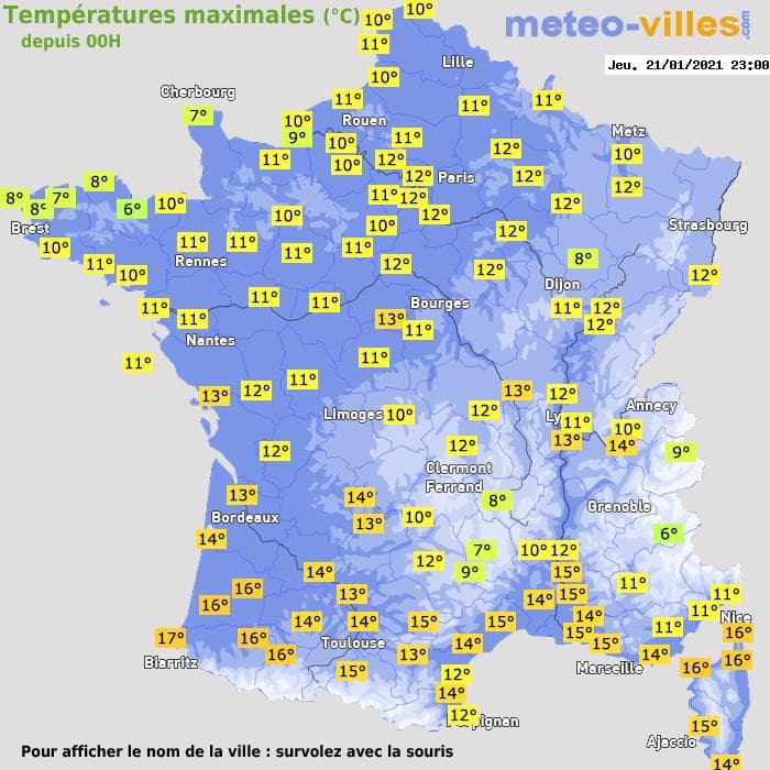 Températures maximales (°C) depuis 00h