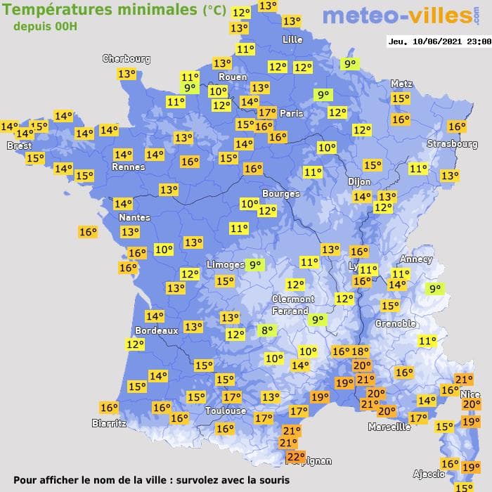 Températures minimales (°C) depuis 00h