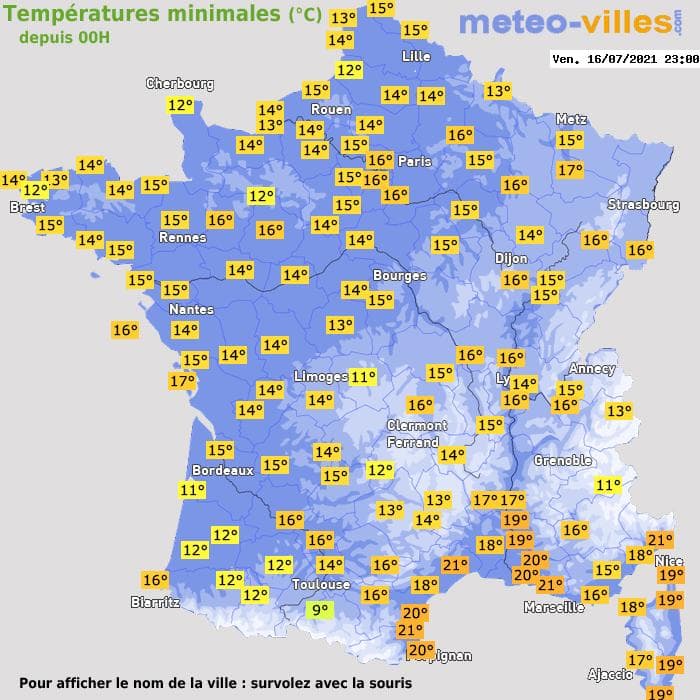Températures minimales (°C) depuis 00h