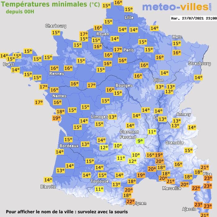 Températures minimales (°C) depuis 00h
