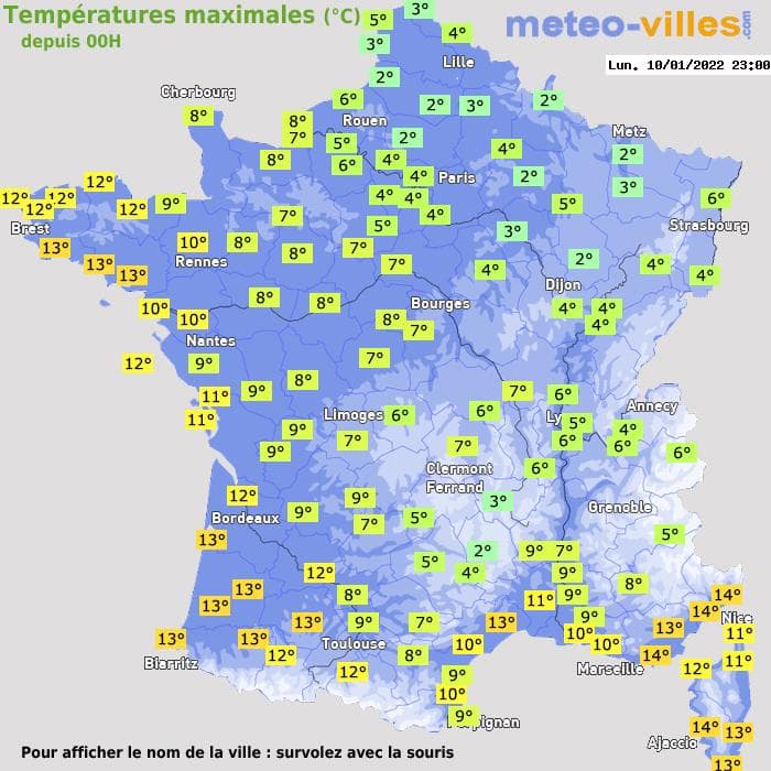 Températures maximales (°C) depuis 00h