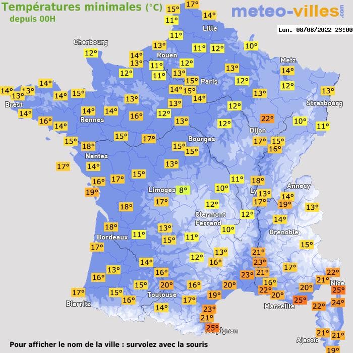 Températures minimales (°C) depuis 00h