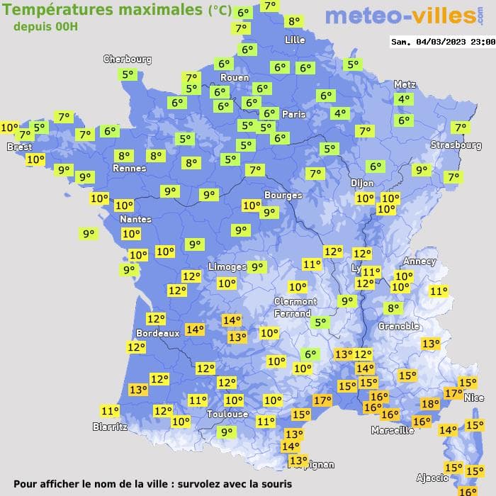 Températures maximales (°C) depuis 00h