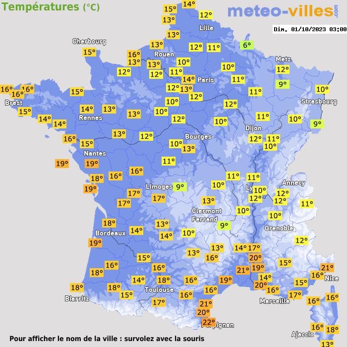 Carte des températures actuelles