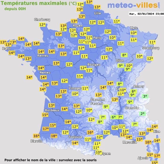 Températures maximales (°C) depuis 00h