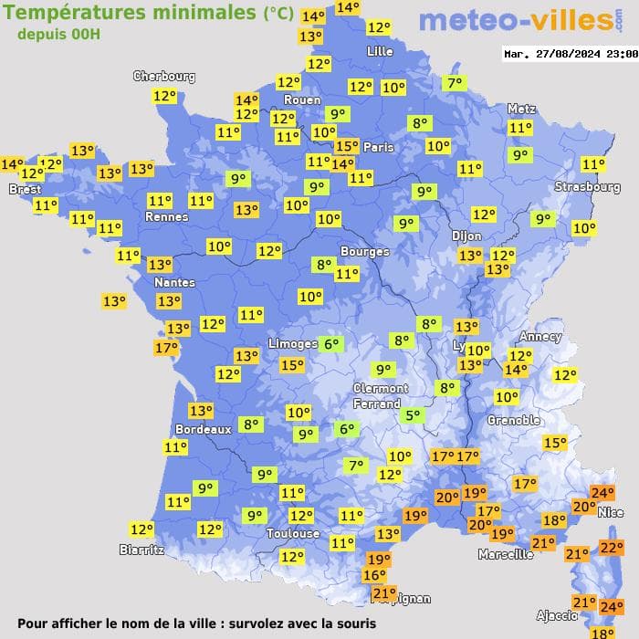 Températures minimales (°C) depuis 00h