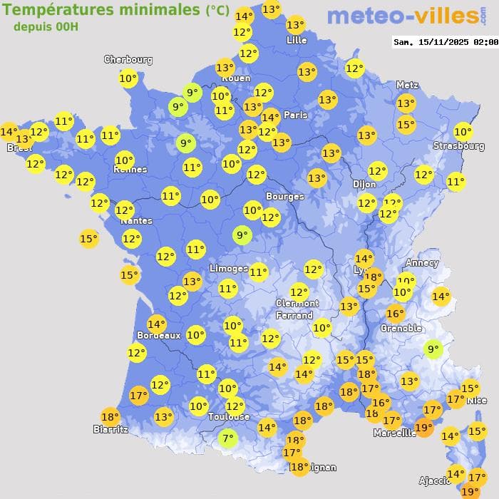 Températures minimales (°C) depuis 00h