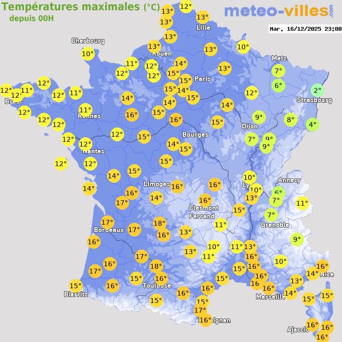 Températures maximales (°C) depuis 00h