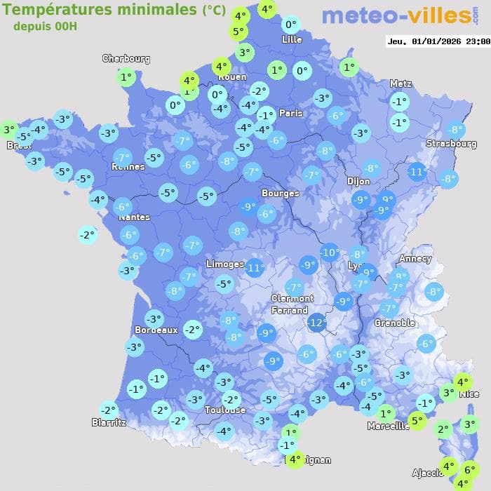 Températures minimales (°C) depuis 00h
