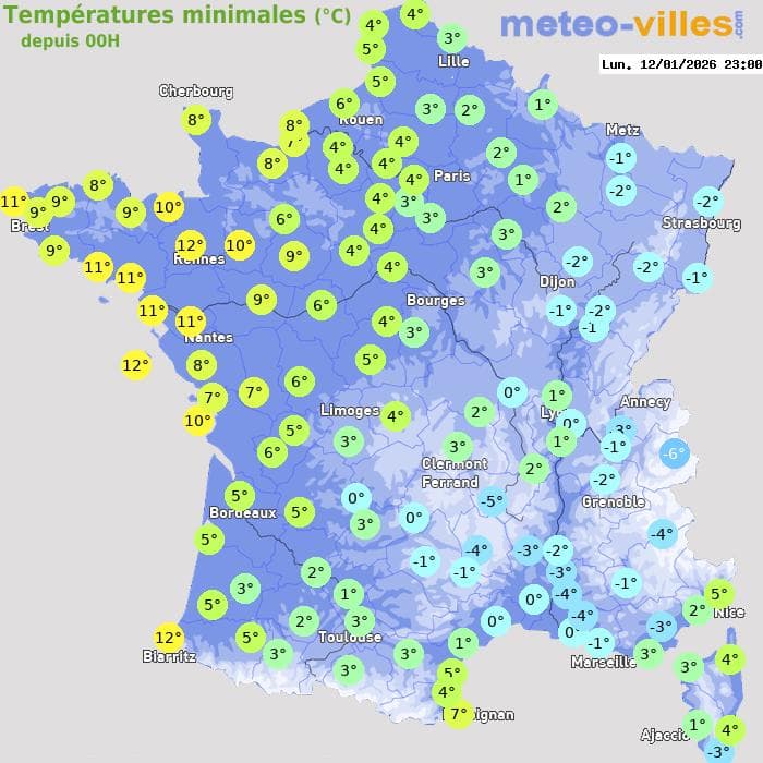 Températures minimales (°C) depuis 00h