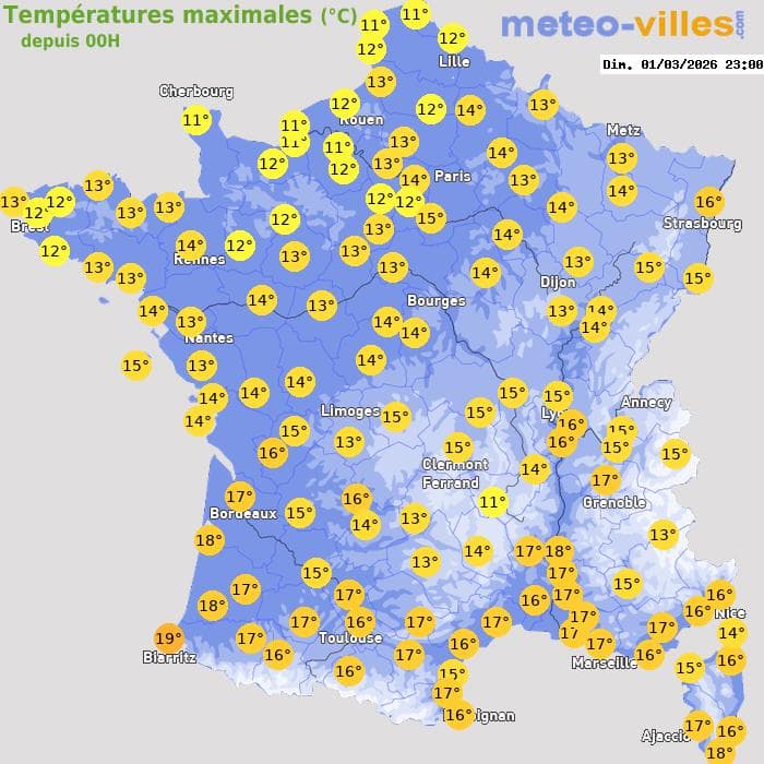 Températures maximales (°C) depuis 00h
