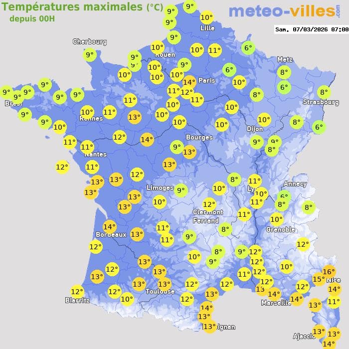 Températures maximales (°C) depuis 00h