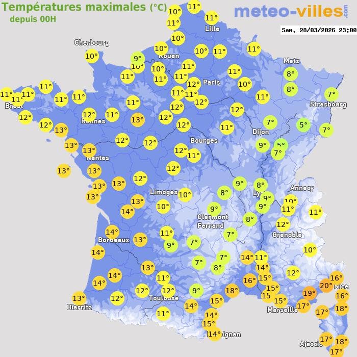 Températures maximales (°C) depuis 00h