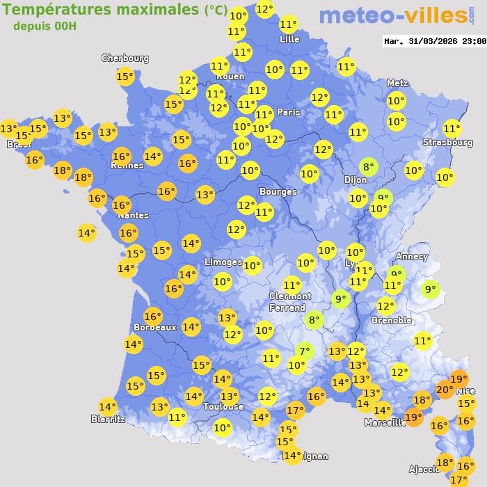 Températures maximales (°C) depuis 00h