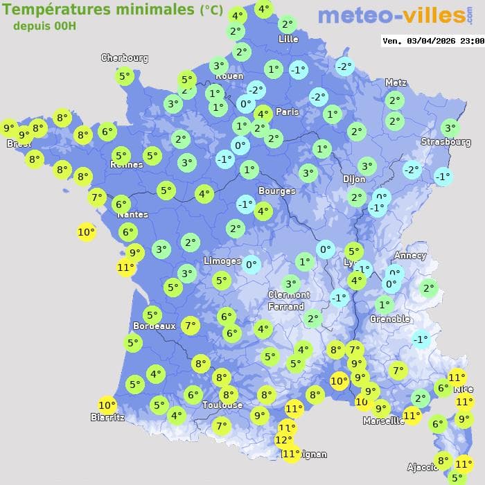 Températures minimales (°C) depuis 00h