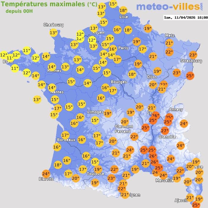 Températures maximales (°C) depuis 00h