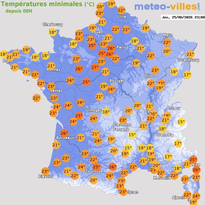 Températures minimales (°C) depuis 00h