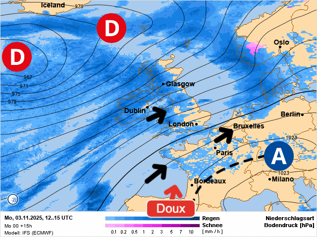 Carte de prévisions d'europe du Lundi 3 novembre 2025