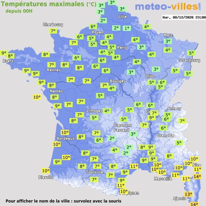 Températures maximales (°C) depuis 00h