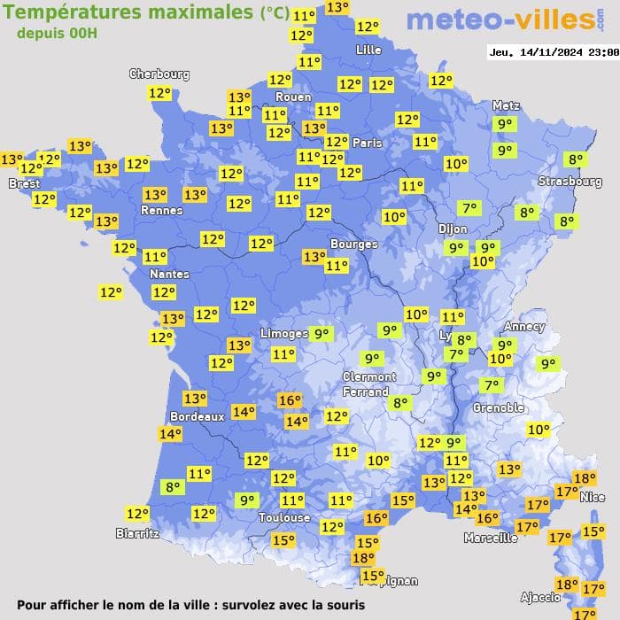 Températures maximales (°C) depuis 00h